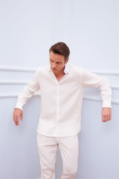 Regular Fit Polo Collar Summer Basic Linen Shirt