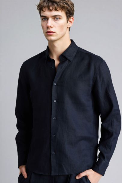 Льняная базовая рубашка с длинными рукавами, с воротником поло, стандартного покроя, на лето