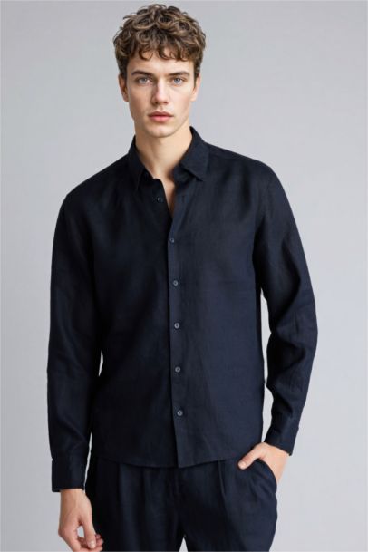 Льняная базовая рубашка с длинными рукавами, с воротником поло, стандартного покроя, на лето