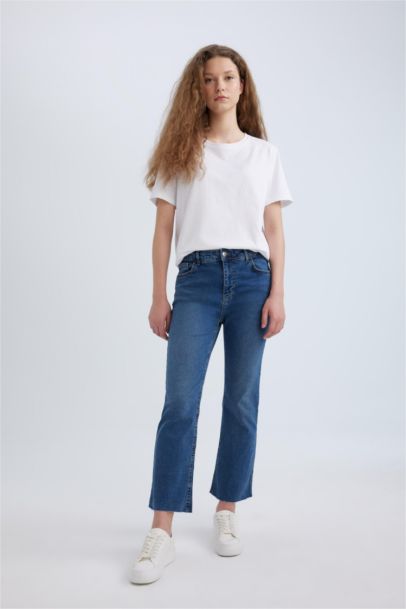 Pantalon Jean à Taille Normale à Jambe Évasée et longueur cheville