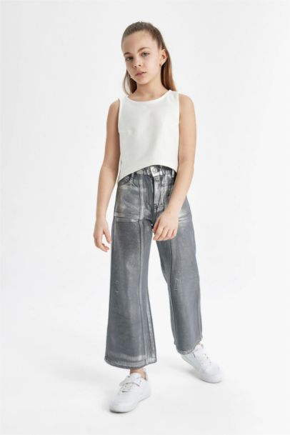 بنطلون بناتي وايد ليج برجل واسع بجيب