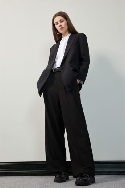 Wide Leg Pocketed High Waist Basic Classic Black Trousers