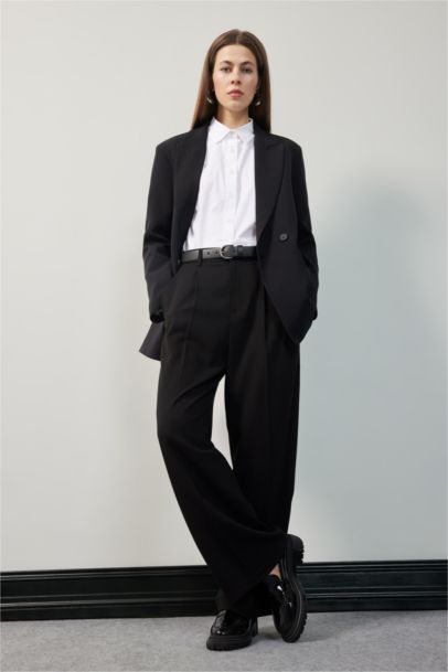 Wide Leg Pocketed High Waist Basic Classic Black Trousers