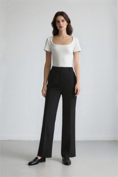 High Waist Pocketed Darted Wide Leg Basic Classic Trousers