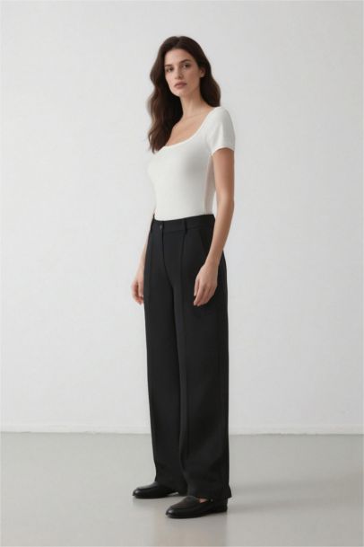 High Waist Pocketed Darted Wide Leg Basic Classic Trousers