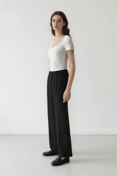 High Waist Pocketed Darted Wide Leg Basic Classic Trousers