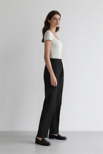 High Waist Pocketed Darted Wide Leg Basic Classic Trousers