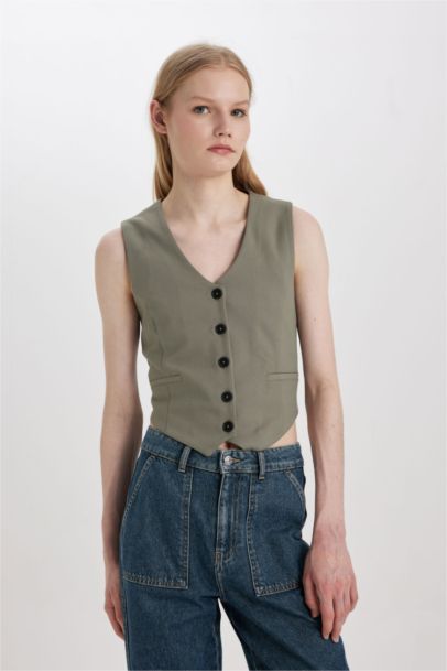 V Yaka Düğmeli Klasik Blazer Yelek