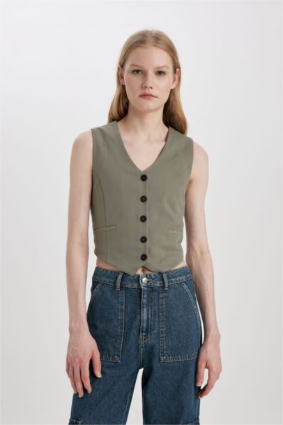 V Yaka Düğmeli Klasik Blazer Yelek