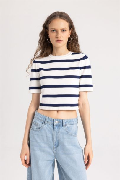 Fitted Crew Neck Striped Short Sleeve Pullover
