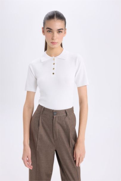 Fitted Polo Neck Short Sleeve Knit T-Shirt