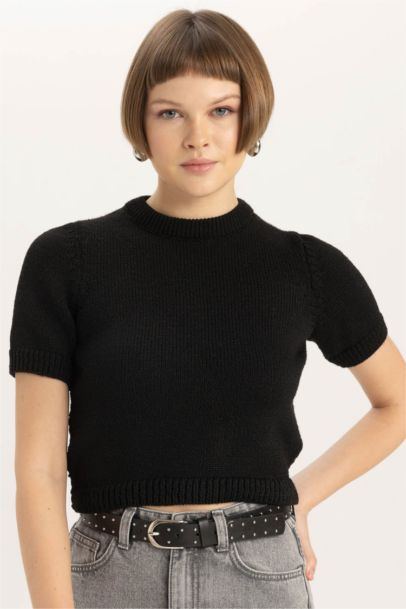 Fitted Crew Neck Short Sleeve Knitted Pullover