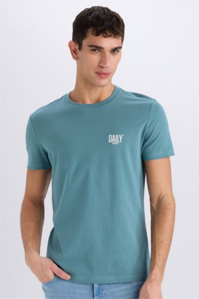 %100 Pamuk Slim Fit Dar Kesim Bisiklet Yaka Baskılı Kısa Kollu Tişört