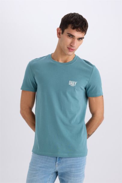 %100 Pamuk Slim Fit Dar Kesim Bisiklet Yaka Baskılı Kısa Kollu Tişört