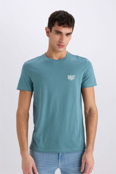 %100 Pamuk Slim Fit Dar Kesim Bisiklet Yaka Baskılı Kısa Kollu Tişört