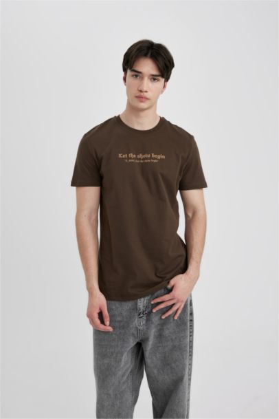 Slim Fit Dar Kesim Bisiklet Yaka Baskılı Kısa Kollu Tişört