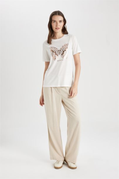 Regular Fit Crew Neck Butterfly Patterned Short Sleeve T-Shirt