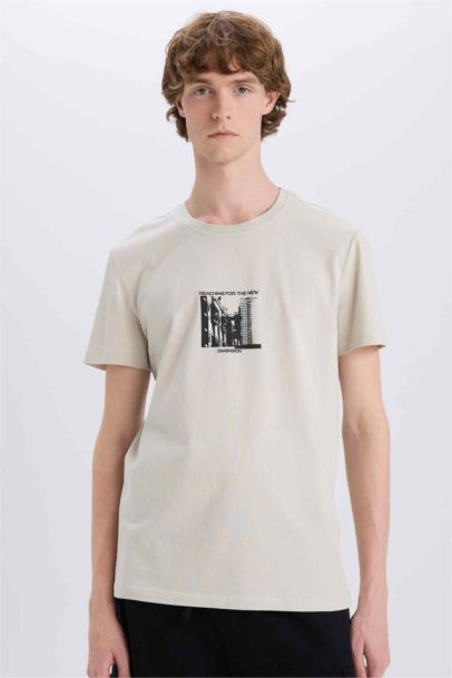 %100 Pamuk Slim Fit Dar Kesim Bisiklet Yaka Baskılı Kısa Kollu Tişört