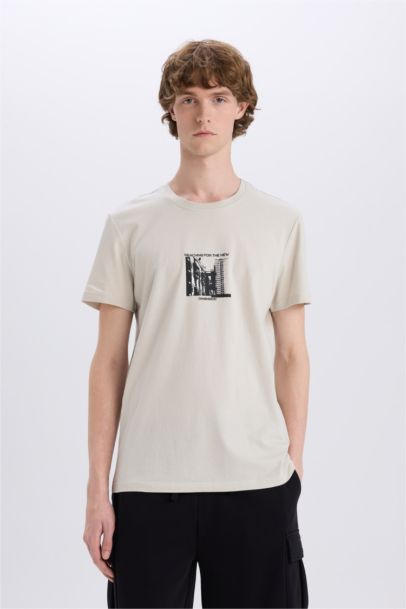 %100 Pamuk Slim Fit Dar Kesim Bisiklet Yaka Baskılı Kısa Kollu Tişört