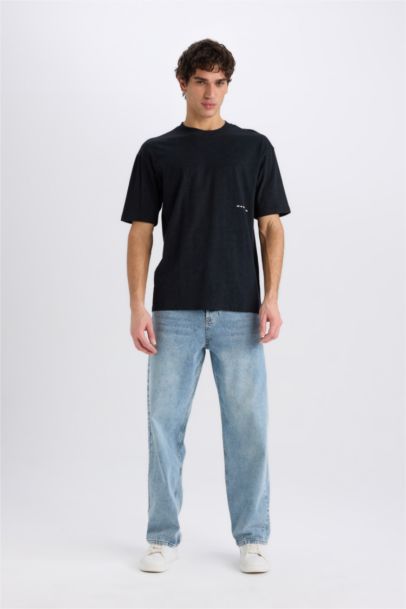 تي قطن شيرت أوفر سايز نص كم برقبة مستديرة