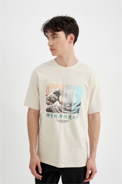 %100 Pamuk Art Hokusai Regular Fit Bisiklet Yaka Kısa Kollu Tişört