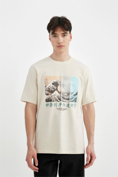 %100 Pamuk Art Hokusai Regular Fit Bisiklet Yaka Kısa Kollu Tişört