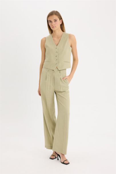 Широкие брюки из смесового льна с высокой посадкой и карманами