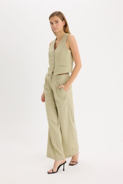 Широкие брюки из смесового льна с высокой посадкой и карманами