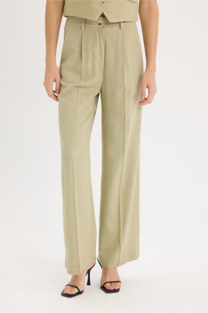 Широкие брюки из смесового льна с высокой посадкой и карманами
