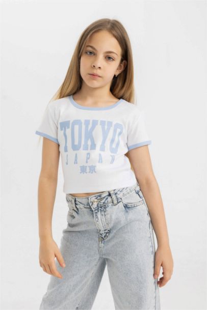 تيشيرت بناتي نص ردن مطبوع وياخة مستديرة