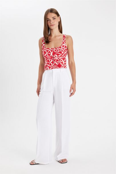 Wide Leg Pocketed High Waist Linen Blend Trousers