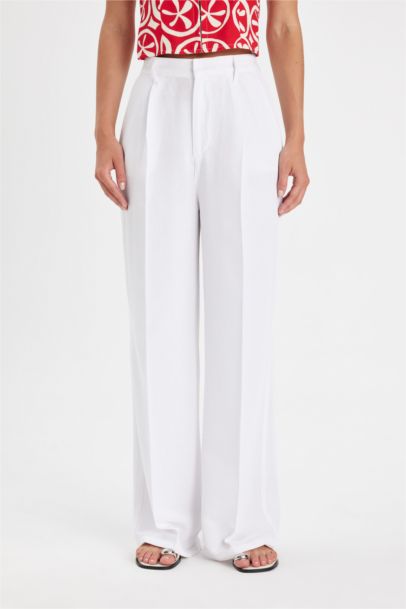 Wide Leg Pocketed High Waist Linen Blend Trousers