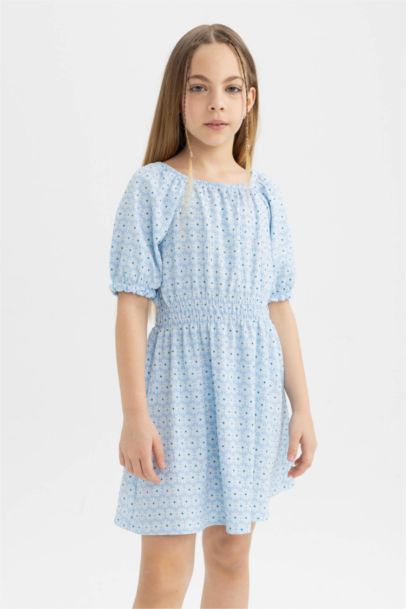 Girl Wrinkled Patterned Short Sleeve Dress