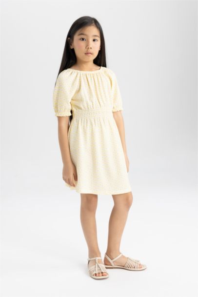 Girl Wrinkled Patterned Short Sleeve Dress
