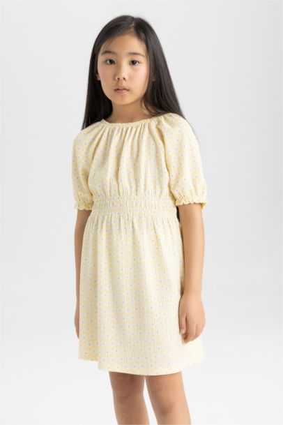 Girl Wrinkled Patterned Short Sleeve Dress