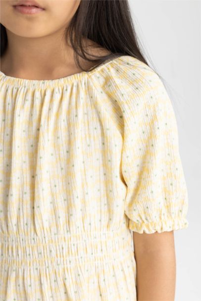 Girl Wrinkled Patterned Short Sleeve Dress