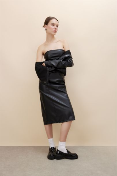 Bodycon Strapless Faux Leather Midi Dress