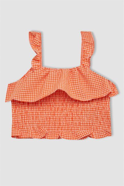 بلوزة كاروهات بناتي نص كم برتقالي