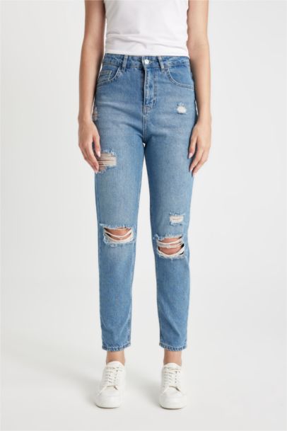 Pantalon Mom Jean Délavé Taille Haute avec Détail Déchiré