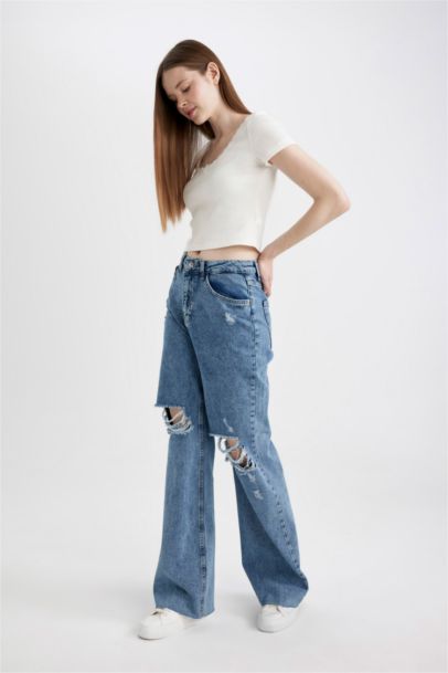 90's Wide Leg Ripped Detailed High Waist Long Jeans