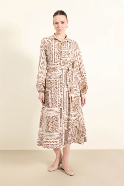 Shirt Collar Patterned Aerobin Belted Midi Dress