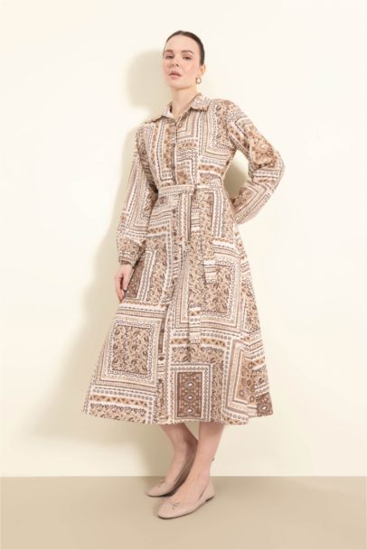 Shirt Collar Patterned Aerobin Belted Midi Dress