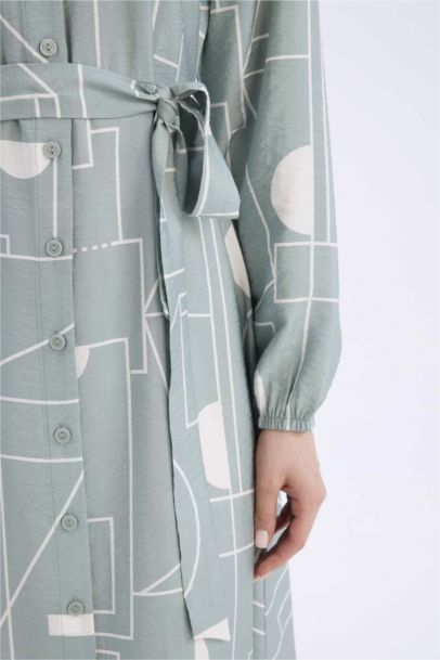 Shirt Collar Patterned Aerobin Belted Midi Dress