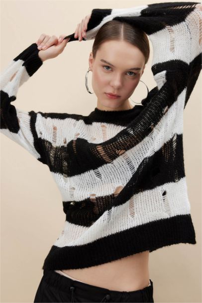 Oversize Fit Striped Crew Neck Openwork Knitted Pullover