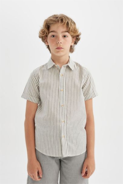 Boy's Regular Fit Polo Neck Linen Blend Shirt
