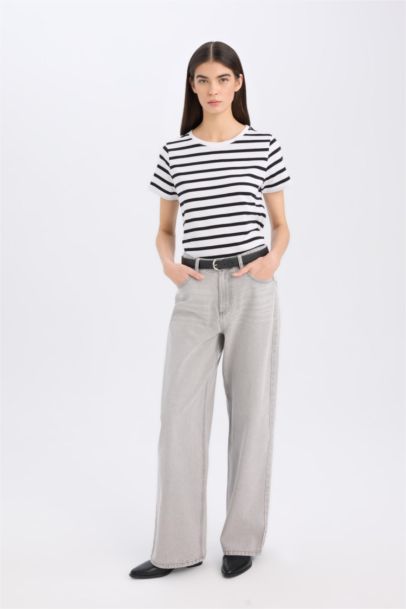 تيشيرت نص كم مخطط قصة عادية برقبة مستديرة