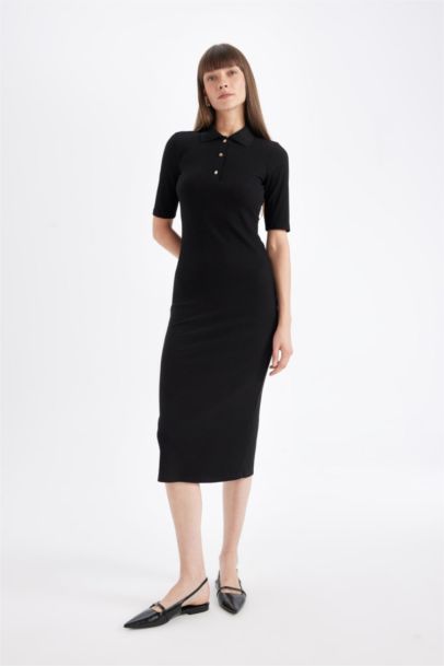 Bodycon Polo Neck Corduroy Half Sleeve Midi Dress