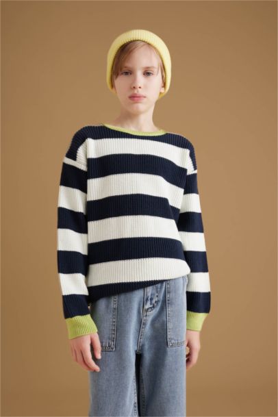 Boy Crew Neck Color Detailed Striped Knitted Pullover