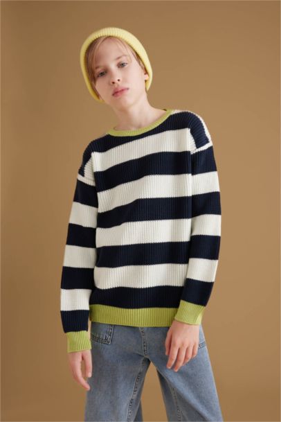 Boy Crew Neck Color Detailed Striped Knitted Pullover