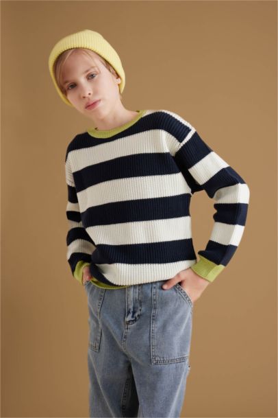 Boy Crew Neck Color Detailed Striped Knitted Pullover